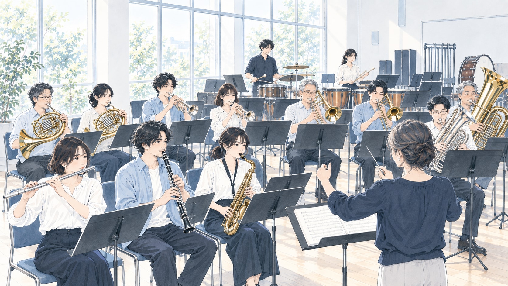 明るい練習室で指揮者に合わせて合奏する吹奏楽団