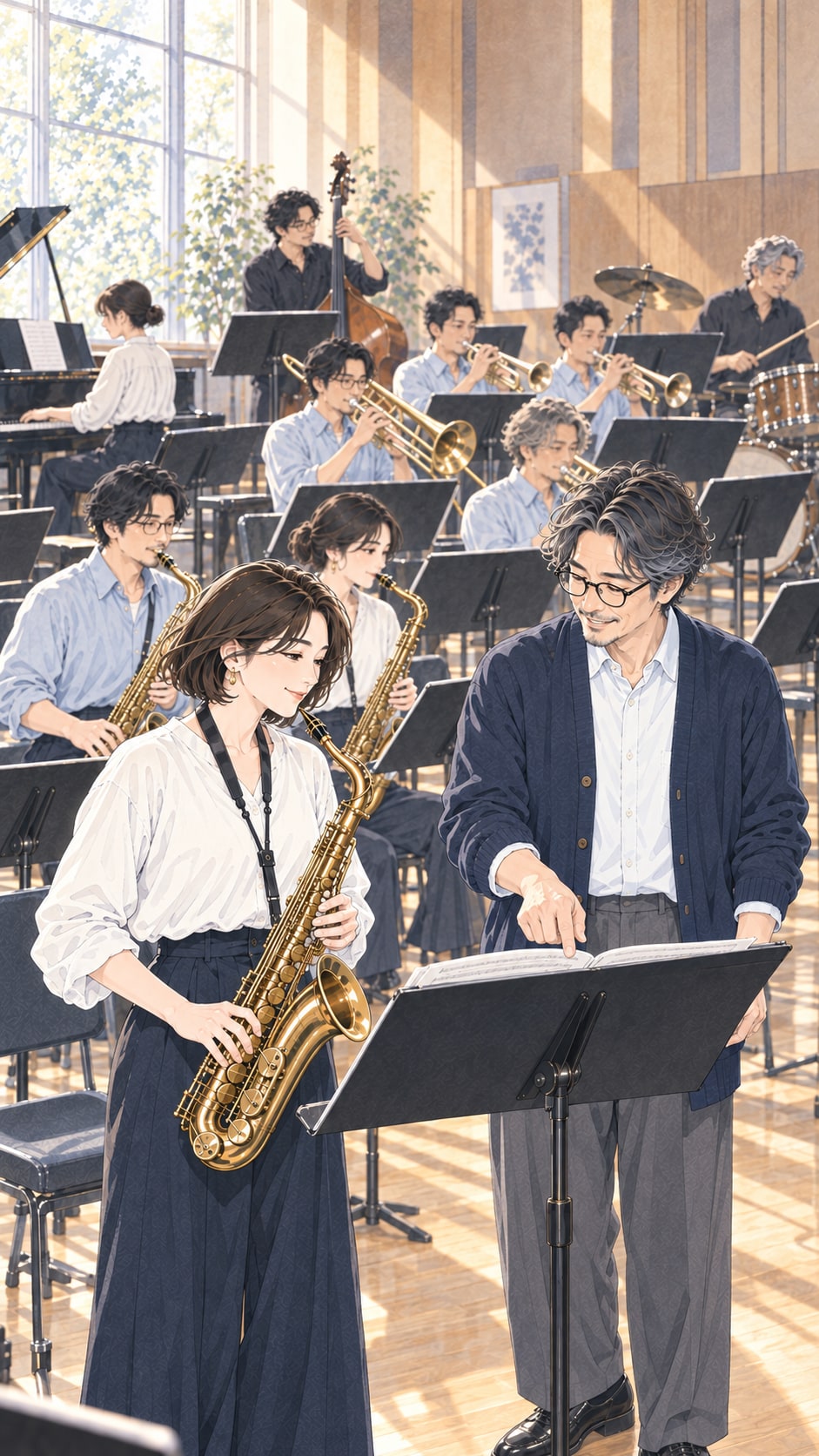 合奏の練習会場で、指導者が譜面を指しながらサックス奏者に説明している様子