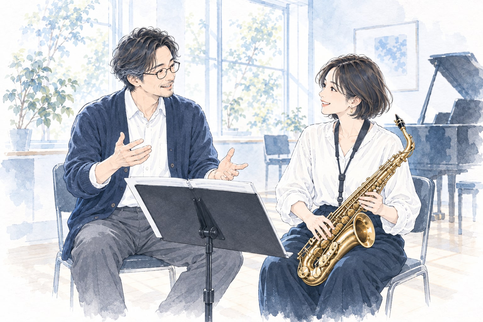 明るい練習室で、先生とサックスを持つ生徒が笑顔でレッスンを進める水彩調のイラスト